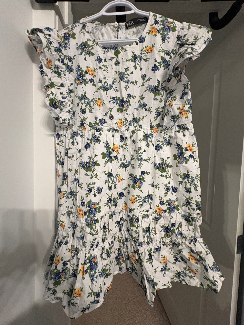 Zara White Floral Blue and Yellow Ruffle Dress